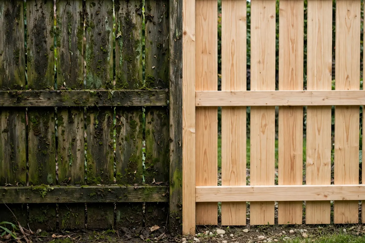 Illustrative example of a wood fence before and after professional cleaning
