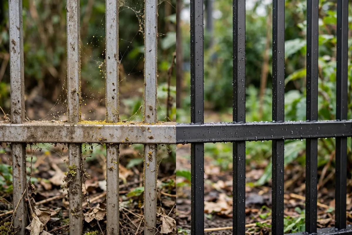 Illustrative example of a metal fence before and after professional cleaning