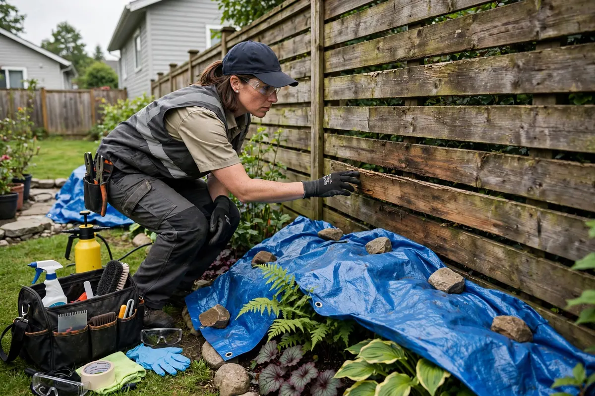 Technician preparing a fence and nearby plants before washing in Jacksonville, FL